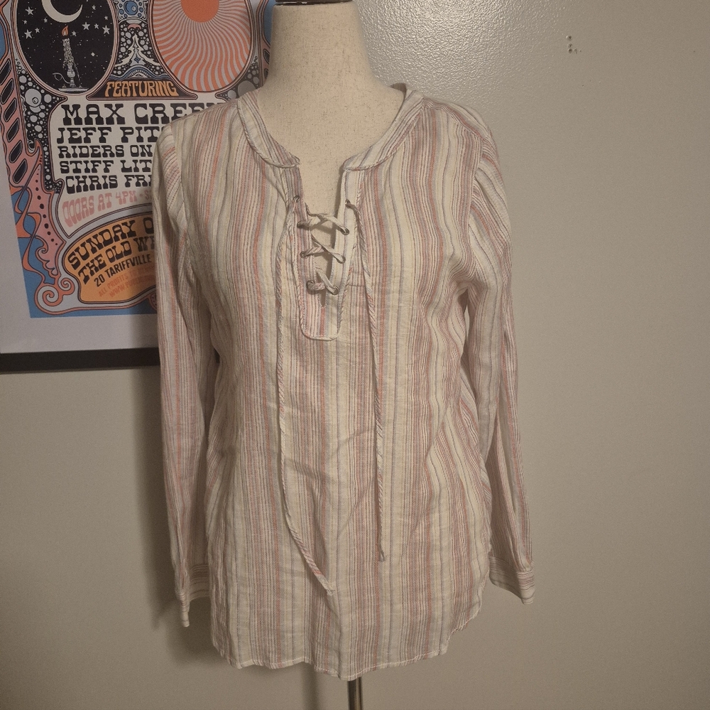 Sanctuary Pastel Desert Striped Linen Lace-Up Blouse Medium